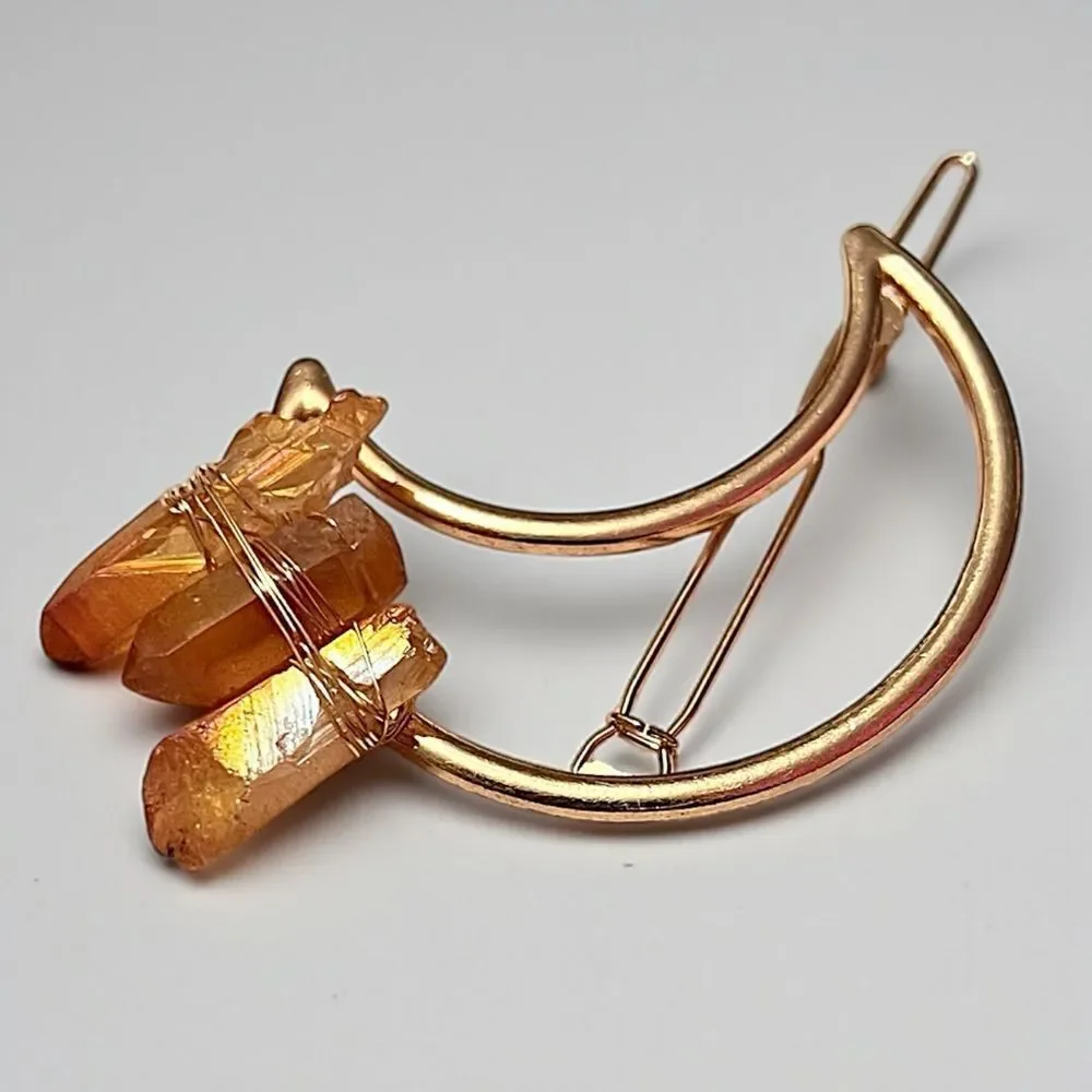 Handmade Genuine Aura Coated Gold Quartz Crescent Moon Hair Clip